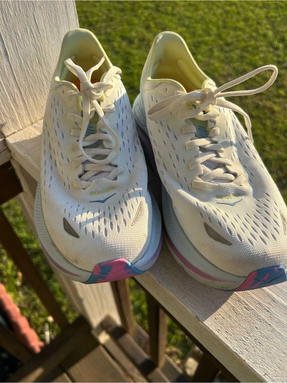 Hoka One One Women's White Running Shoes with Pastel Blue, Pink & Yellow Accents - Picture 5 of 11